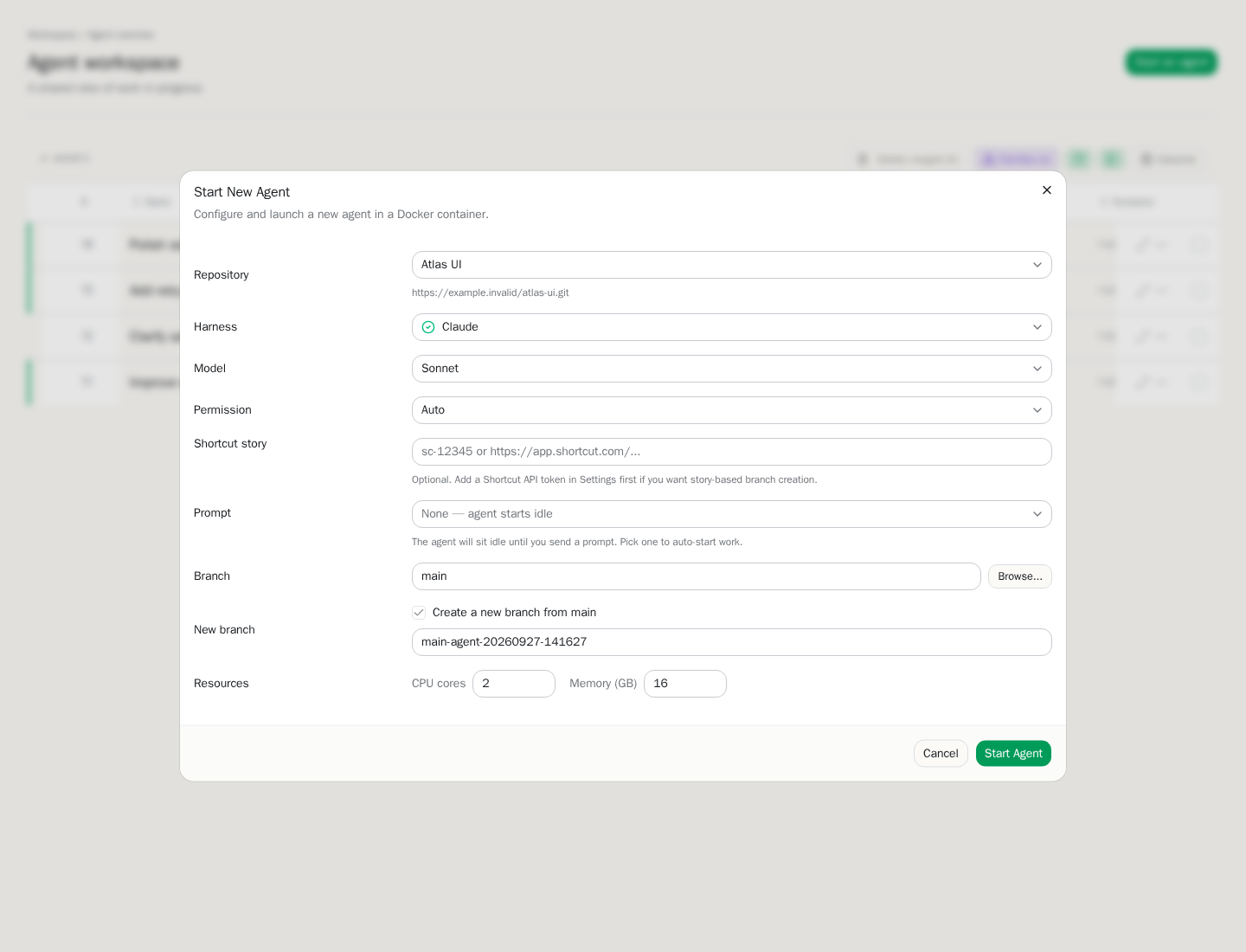 Switchboard dialog for starting a personal agent, choosing a repository, harness, model, prompt, branch, and workspace resources
